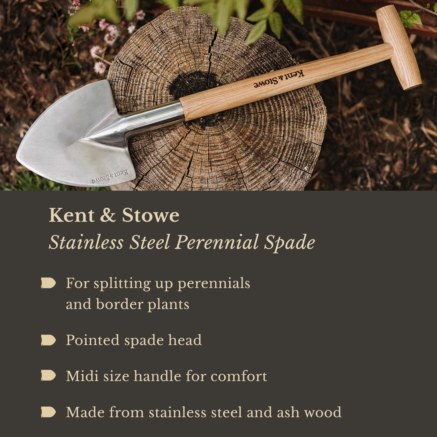 - Kent & Stowe Stainless Steel Perennial Spade | Pointed Head Garden Spade -