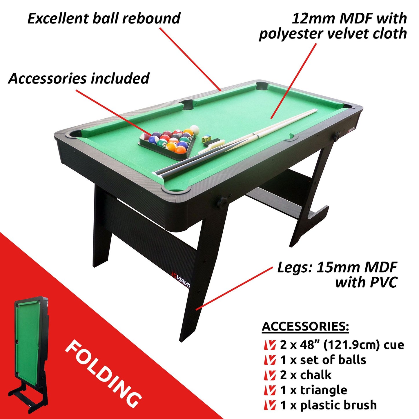 - VIAVITO PT100X 5ft Folding Pool Table -
