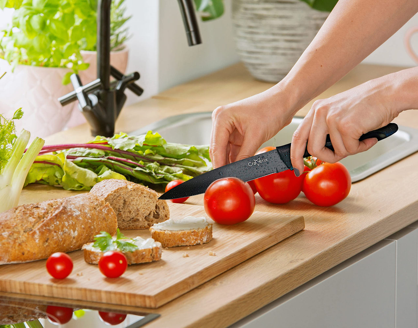 Craverix Professional Kitchen Knife Set - All Purpose 3PCS Black Kitchen Knives (Chef, Utility & Pairing) with Covers - Sharp Stainless Steel Non-Stick Blades with TPR Handles for Easy Grip
