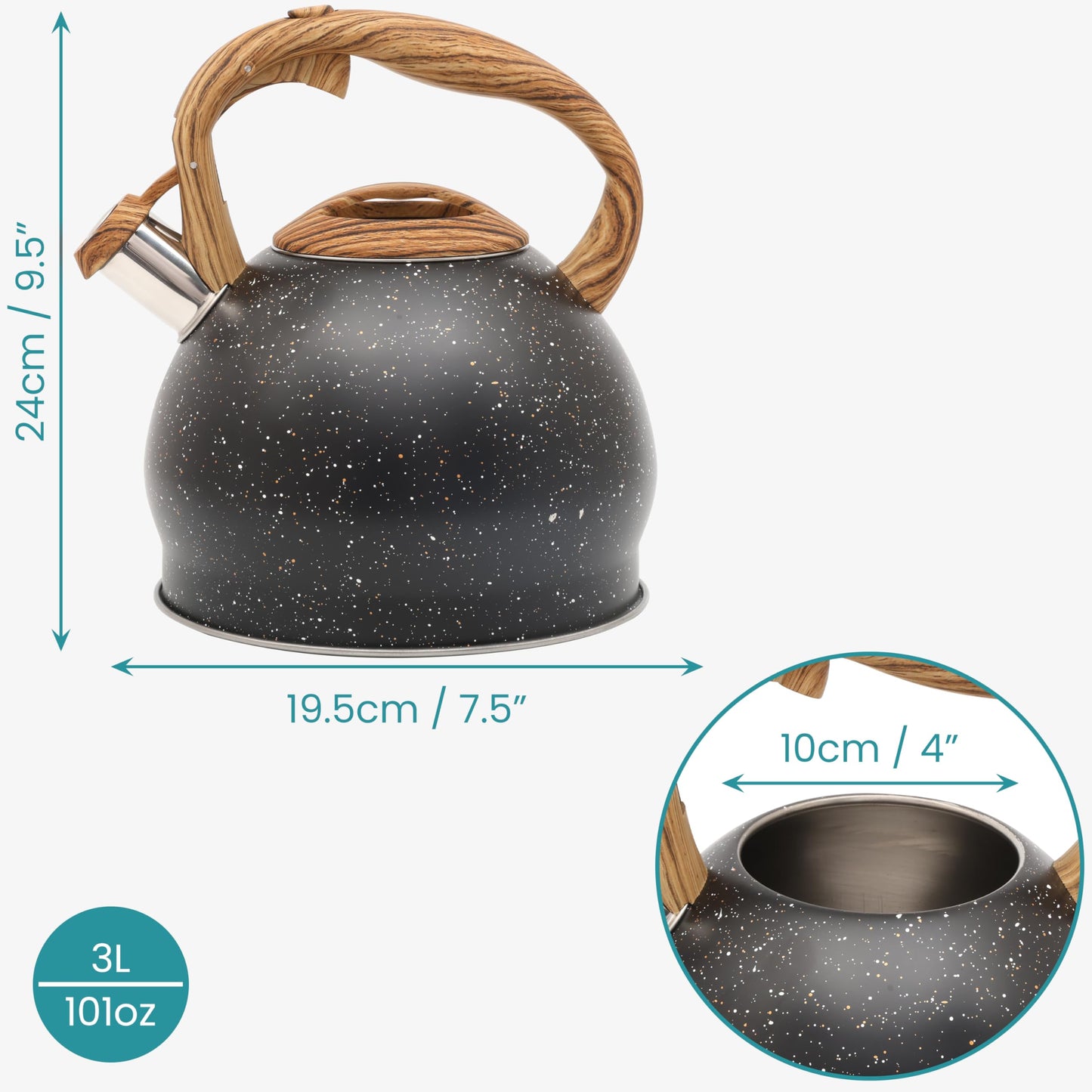 Belle Vous Black Texture Whistling Tea Kettle - 3L Tea Pot for Stovetop/Induction Hob - Stainless Steel Hot Water Camping Kettle Teapot for Tea/Coffee