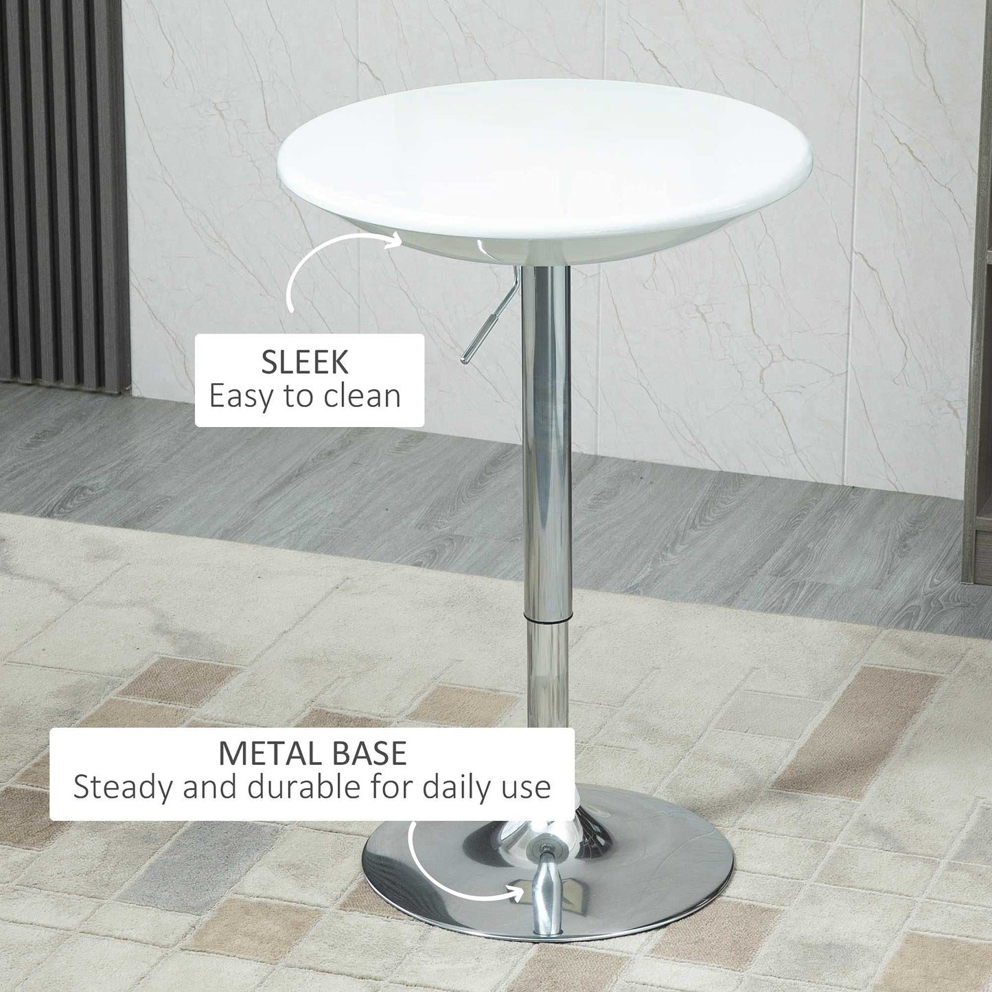 - HOMCOM Modern Round Bar Table | Adjustable Height Home Pub Bistro Desk | Swivel Painted Top with Silver Steel Leg and Base -