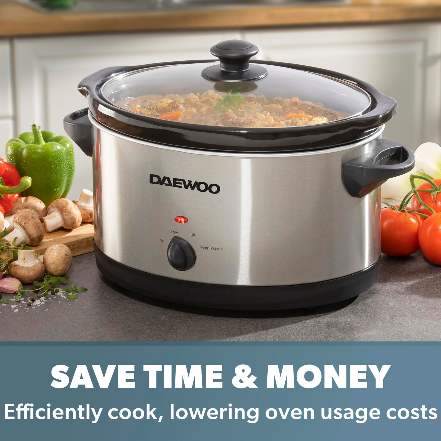 Daewoo SDA1788 6.5L Slow Cooker | Stainless Steel | 3 Heat Settings | Dishwasher Safe Pot & Lid | Power Indicator | Useful Carry Handles | Raised Feet | Manual Temperature Control | 300W, Grey