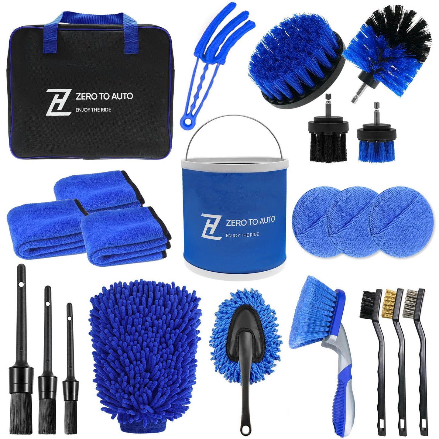 - Zero to Auto® Ultimate 22 Pieces Car Cleaning Kit with Collapsible Bucket and Bag for Interior/Exterior Detailing/Washing including Brush Microfibre Towel Mitt For Wheels Leather Dashboard