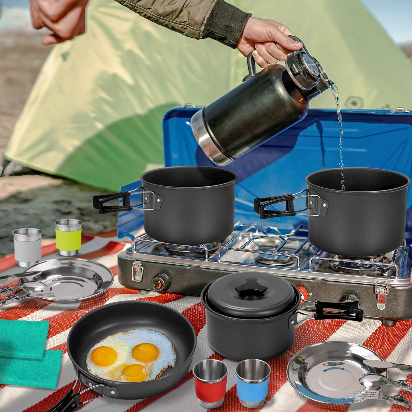 - Odoland Camping Cookware Kit for 4 People | Non-Stick -