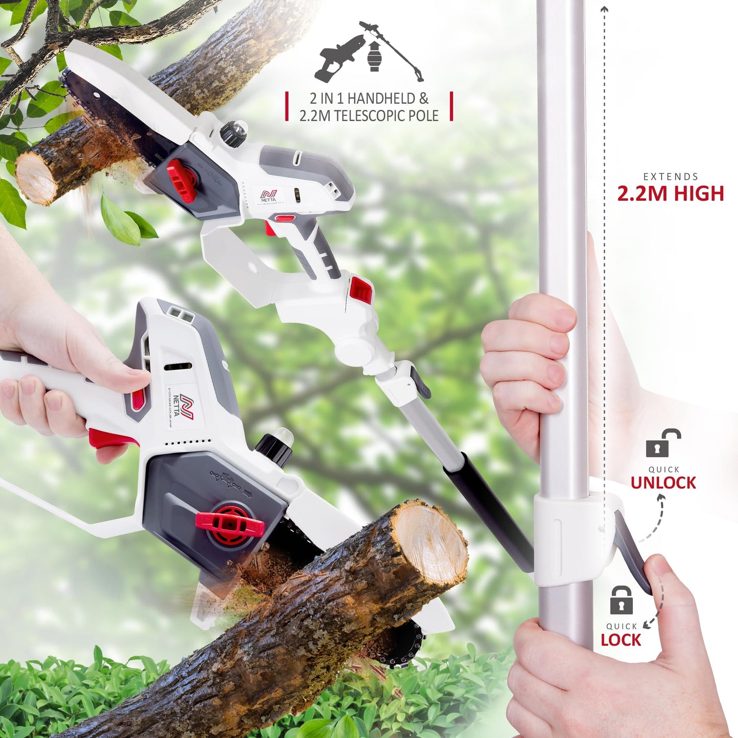 - NETTA Cordless 2-in-1 Pole & Handheld Garden Chainsaw | 20V MAX | Light-Weight | Battery & Charger Included -