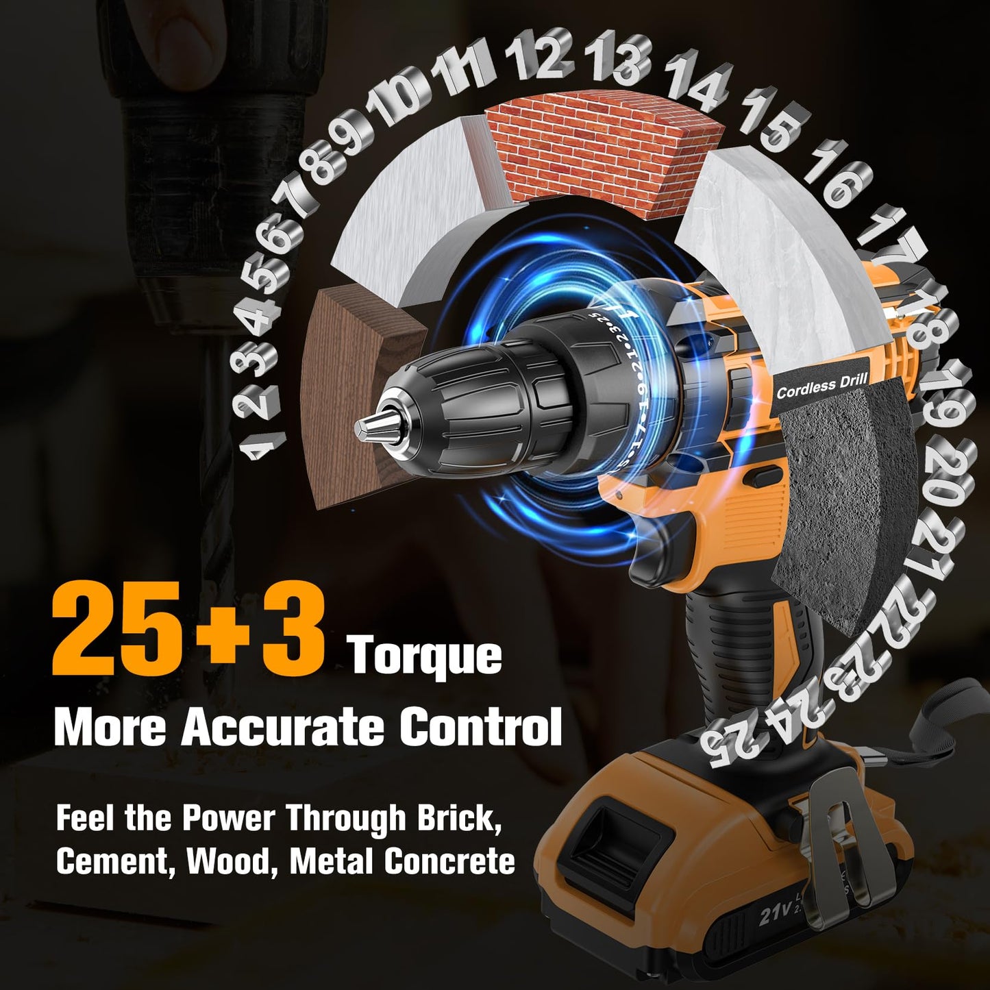 Cordless Drill Driver 21V, Cordless Hammer Drill with 2 Batteries 2000mAh, 25+3 Torque, 42N.m Max Electric Drill, 30PCS Drill Bits, 2 Speed, LED Light for Home and Garden DIY Project