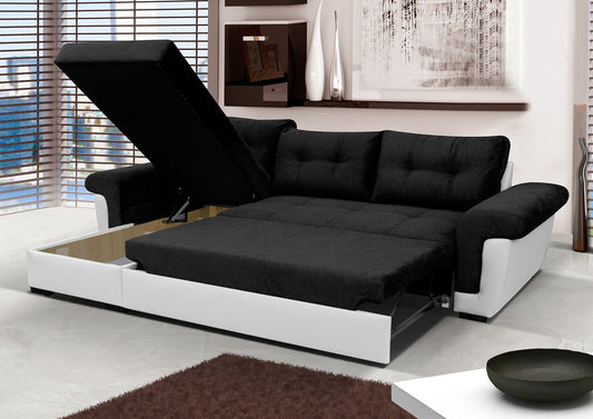 Corner Sofa Bed Black Soft Fabric/White PVC. Double Bed, Large Storage.