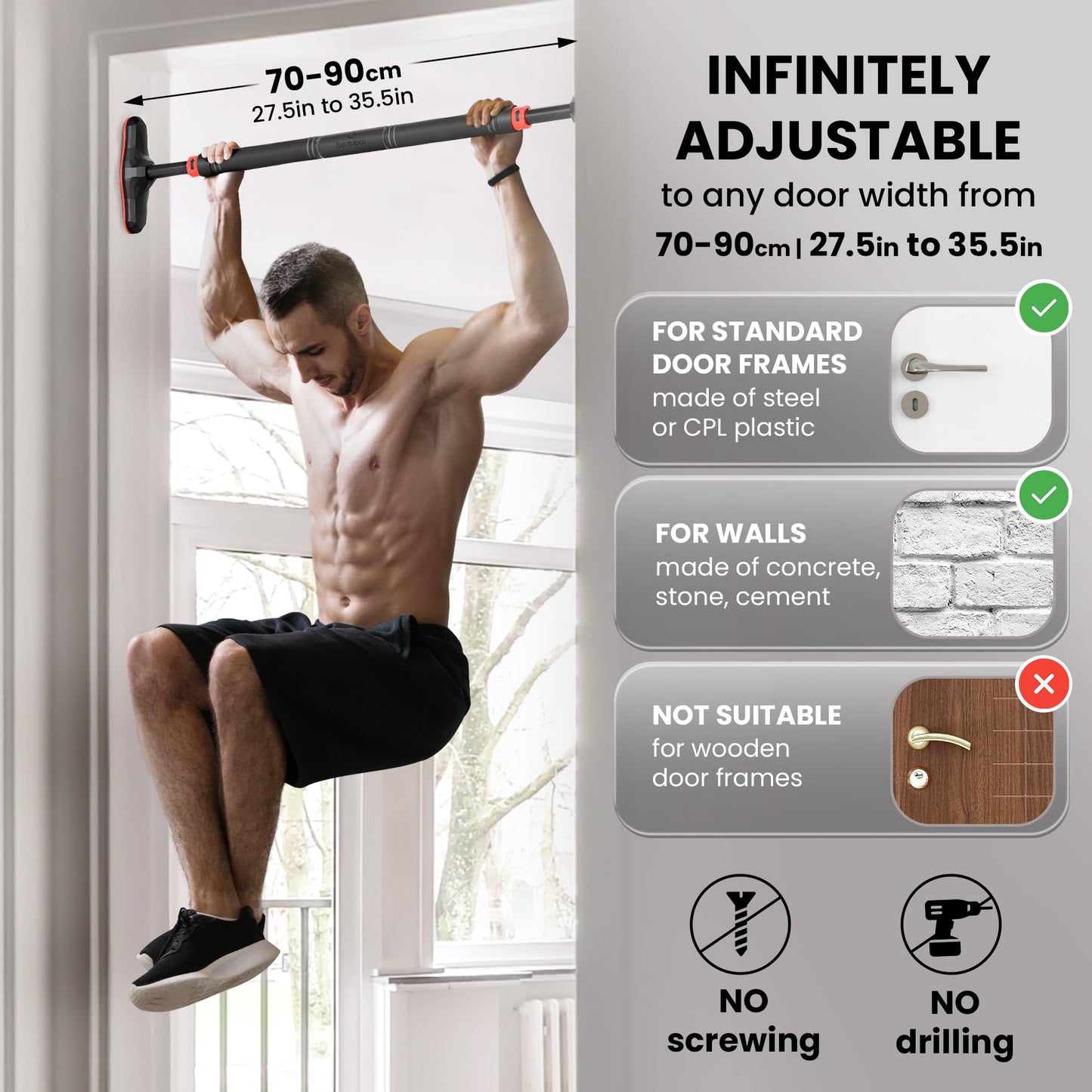- Pull Up Bar Door Frame NO Screws + Exercise E-Book | Professional Chin Up with Padded Handles | Extra Wide Dip Workout Bars for Hanging in Doorway at Home -
