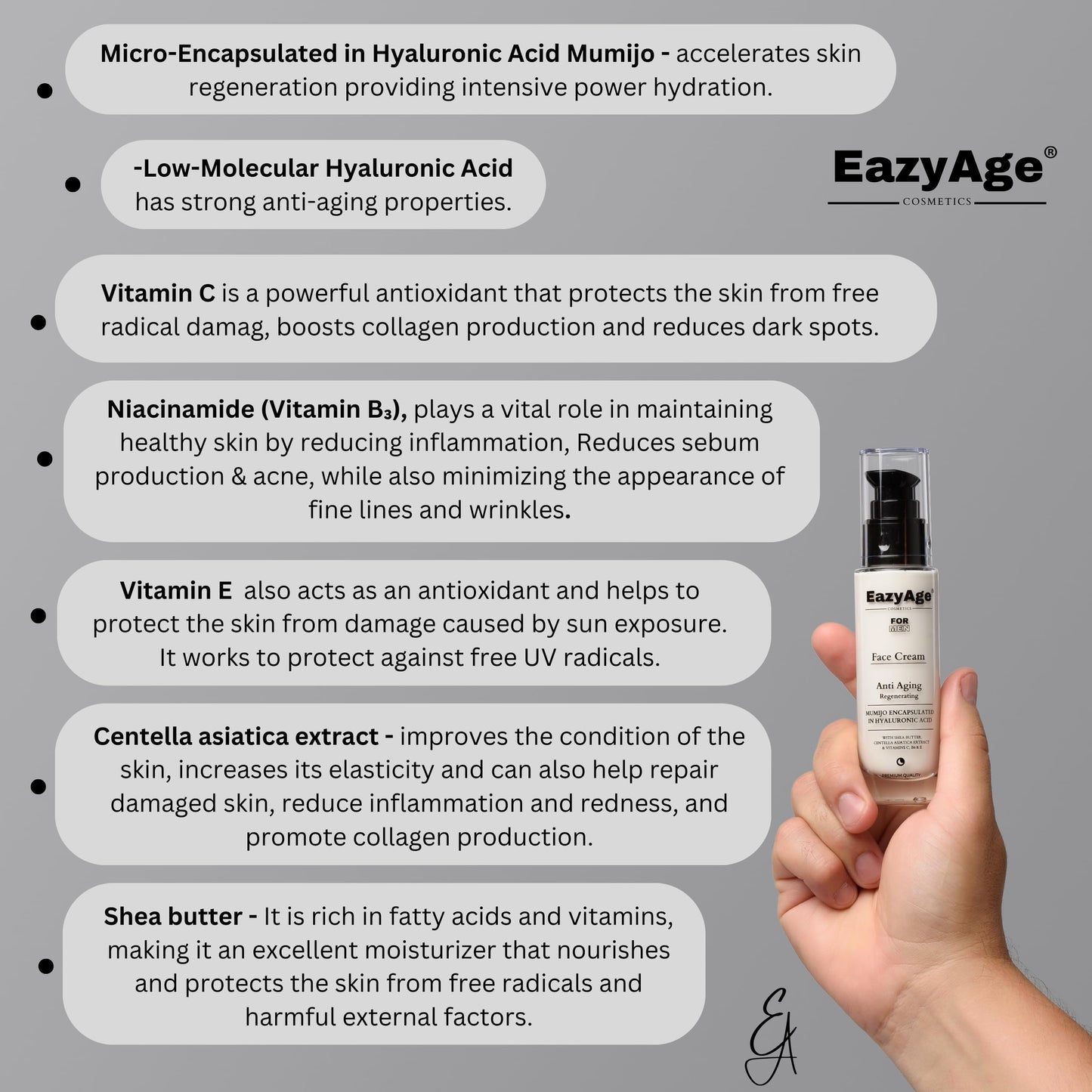 - EazyAge | Anti-Aging Face Cream for Men | Night Skin Regeneration | Men's Moisturiser | Mumijo Shilajit, Hyaluronic Acid | Reduces Wrinkles, Dark spots, Redness, 50ml -