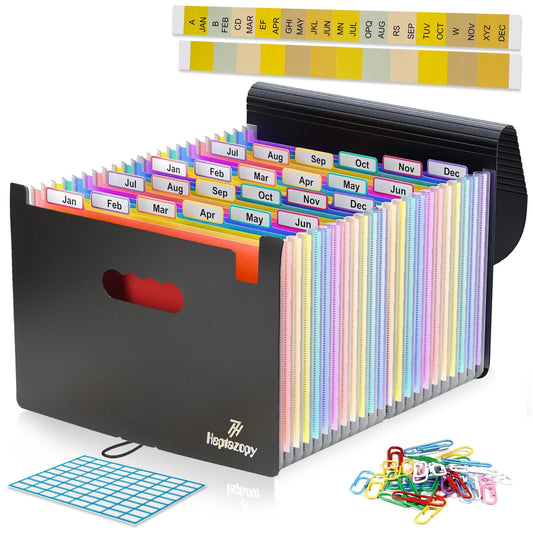 - File Organiser | 26 Folders for Paperwork A4 with Clips | Unique Design | 34 x 25 x 4 cm Quality PP Document Organiser | Flap & Elastic Cord Closure Comes with Labels, Tags & Sticker Card -