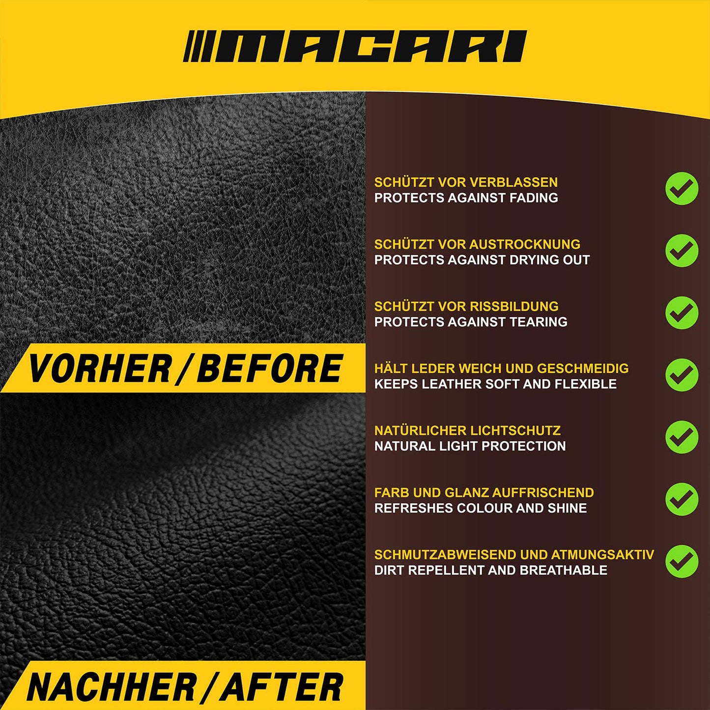 - Macari Leather Care | 500 ml Balm | 500 ml Cleaner | 2 Sponges | Leather Brush -