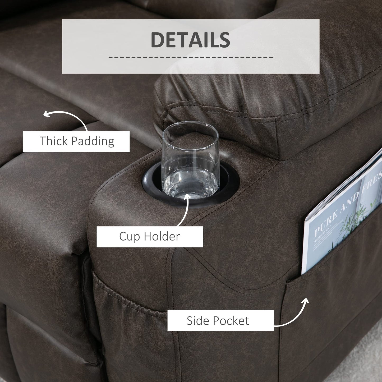 - HOMCOM Manual Recliner Chair | Overstuffed PU Leather Recliner Armchair | Footrest | Cup Holders | Side Pockets | 360° Swivel -