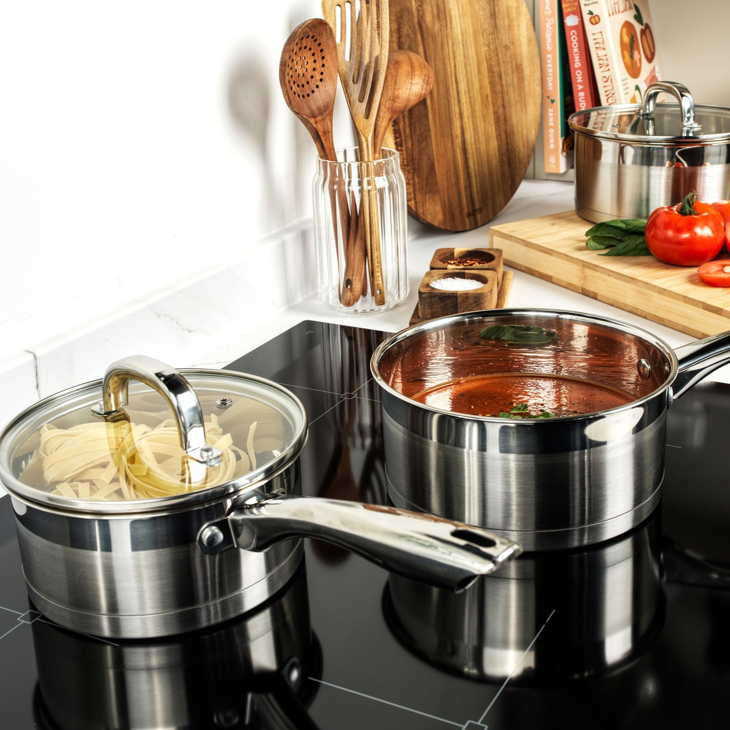 - Salter BW06746 Timeless 5 Piece Pan Set | Induction Hob Cooking Pots | Stainless Steel Cookware, 16, 18, 20 cm Saucepans, Milk Pan And 24cm Frying Pan -