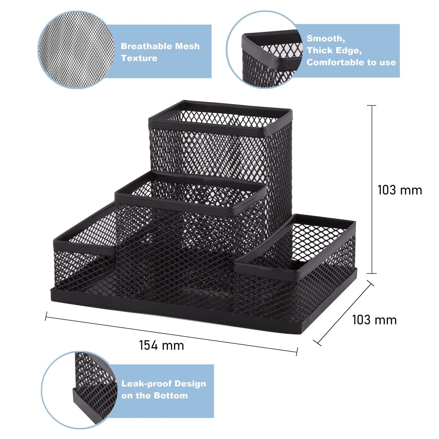 D.RECT Desk Organiser, Pen Holder, Metal Desk Organiser, Office Tray with Memo Holder, Mesh 103 x 154 x 103 mm, Black, (110446)