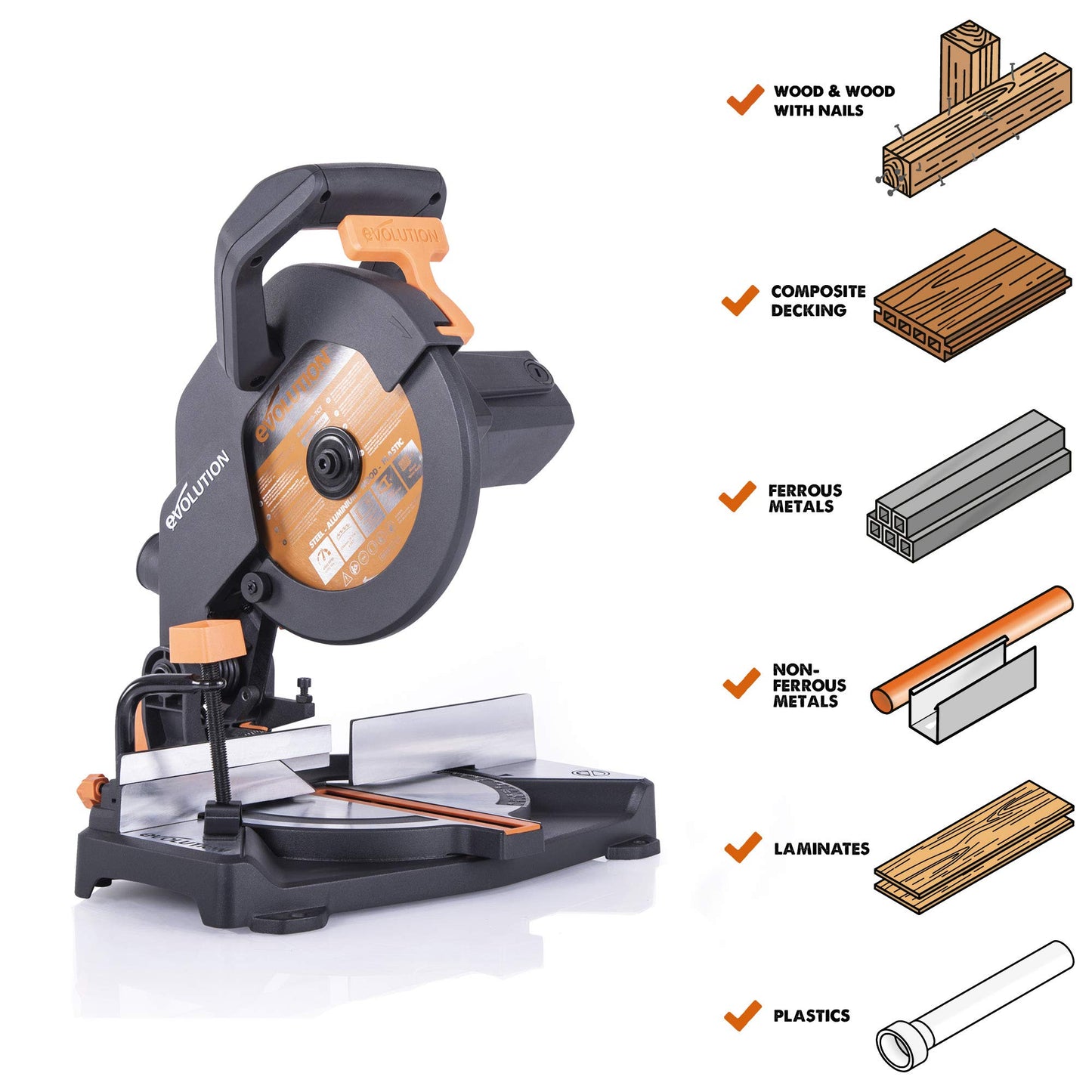 - Evolution Power Tools R210CMS Compound Mitre Saw | Multi-Material Cutting TCT Blade -