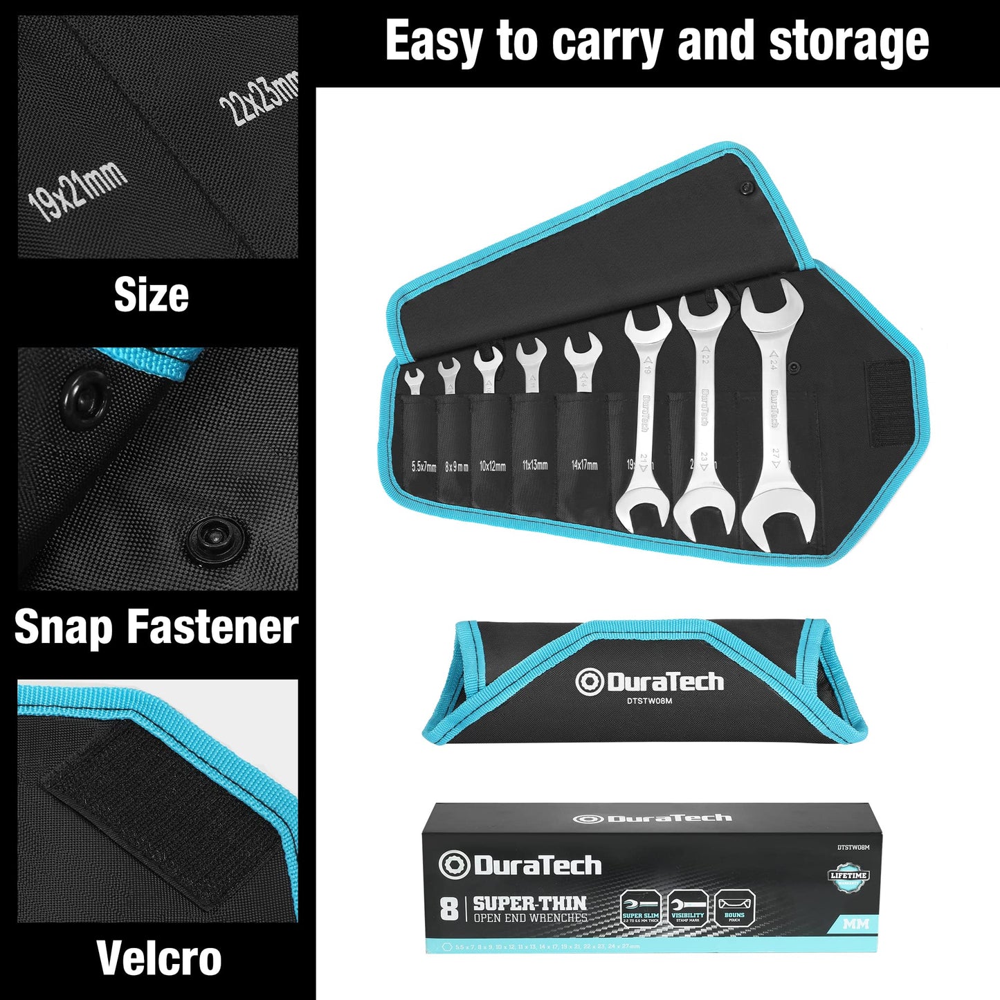 - DURATECH Double Open End Spanner Set | Super-Thin Open Ended Wrench Flat Spanner Set for Narrow Space | Carbon Steel, Mirror-Chrome Plated | 8-Piece | Metric | 5.5 mm-27 mm | Carry Pouch -