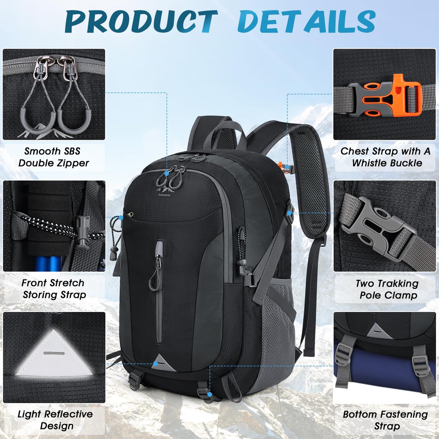 - RAINSMORE Hiking Backpack | 40L Lightweight Foldable Rucksack -