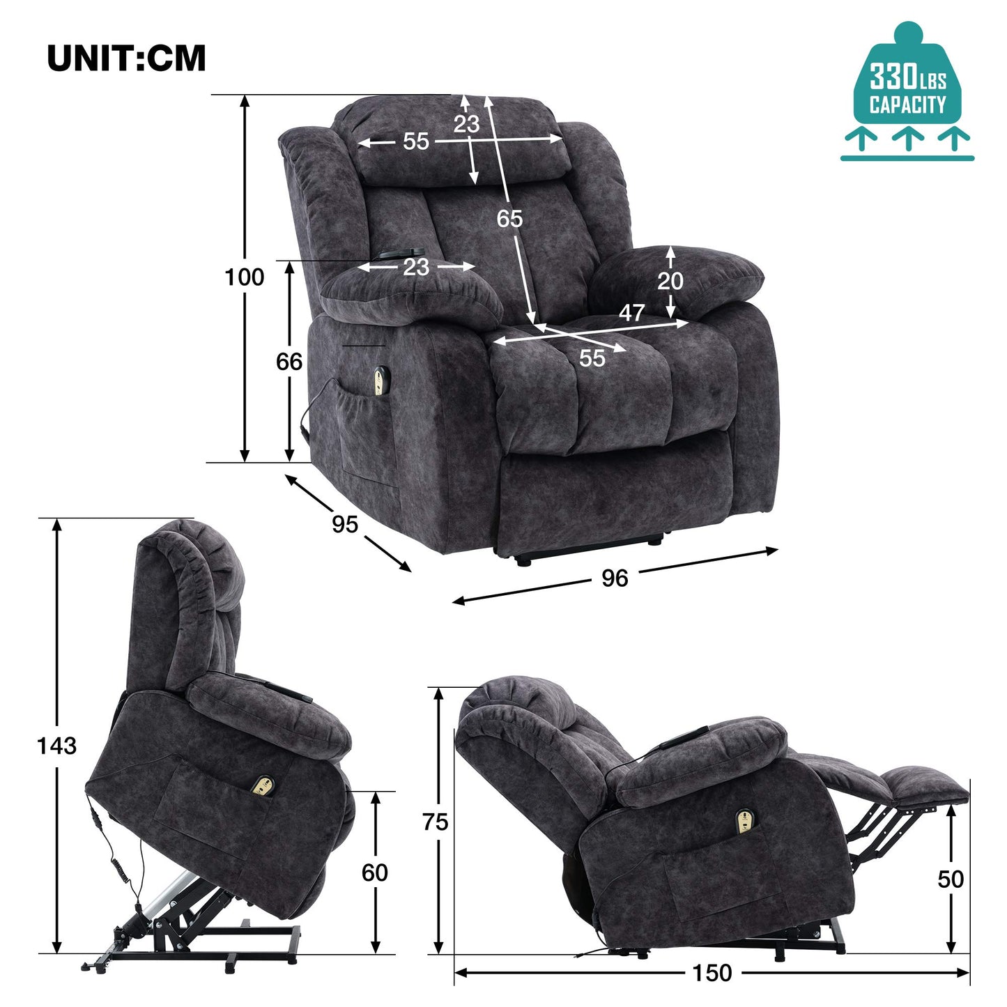 BTM Power Massage Lift Recliner Chair with Heat & Vibration for Elderly, Heavy Duty and Safety Motion Reclining Mechanism - Antiskid Fabric Sofa Contempoary Overstuffed Design (Gray)