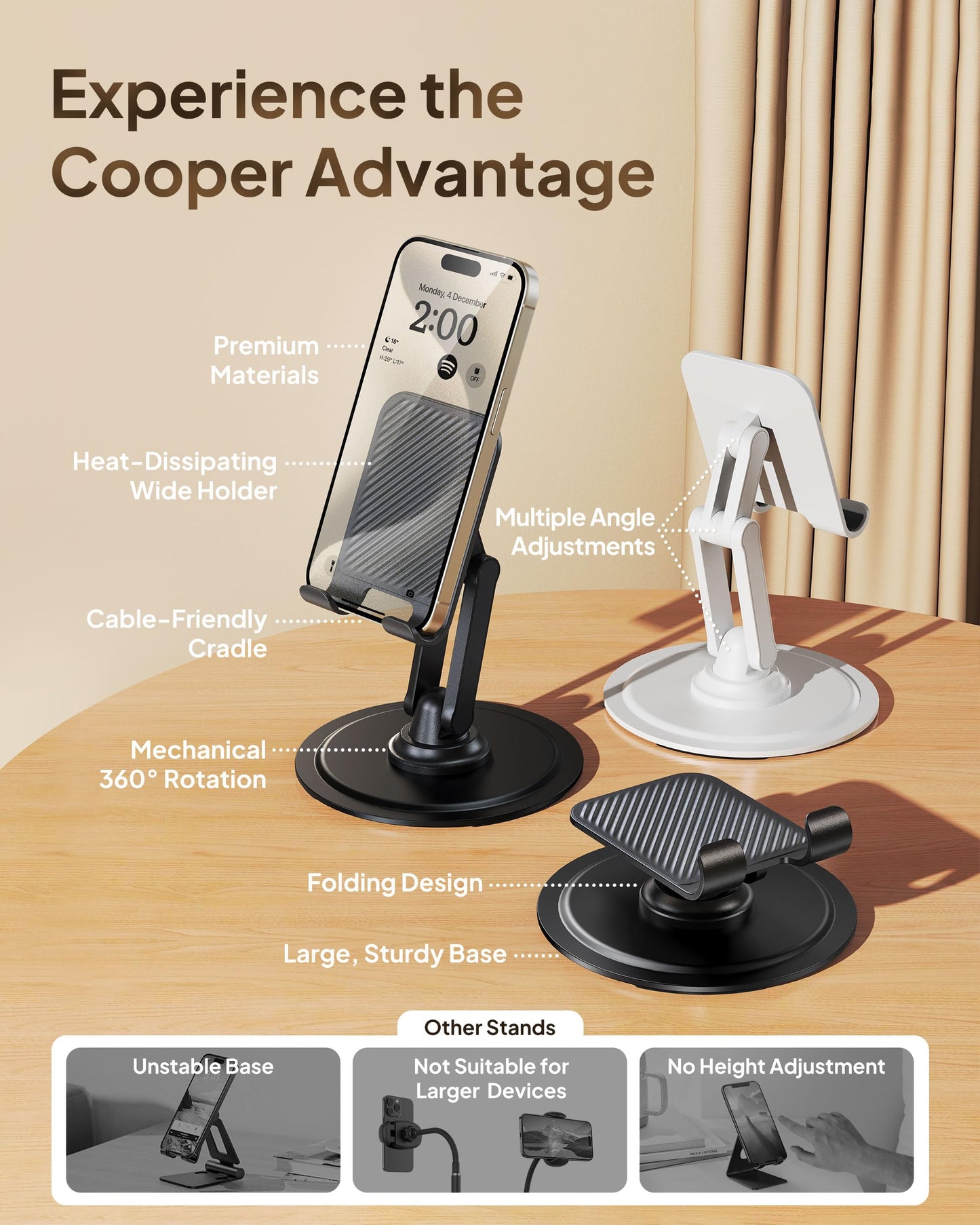 Cooper 360° Stand - Adjustable Mobile Phone Stand for Desk | 360° Click-Rotating Mobile Phone Holder for Desk, Multi-Angle, Non-Slip Metal Base | iPhone Stand Desk, iPhone Holder Filming (Piano Black)