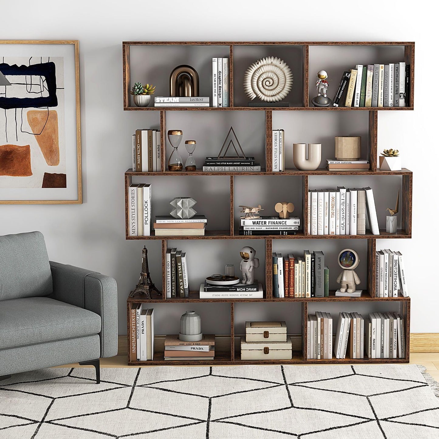 CASART 5/6 Tier Wooden Bookcase, Free Standing Shelving Stand Rack, S-Shaped Bookshelf Storage Display Unit