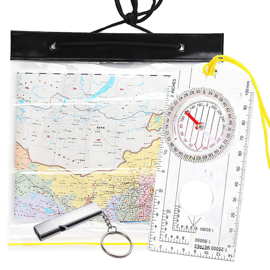 Compass Orienteering, Clear Navigation Compass for Explorer Expedition Camping, Hiking, Survival Mountaineering with Waterproof Map Case Bag and Emergency Whistle
