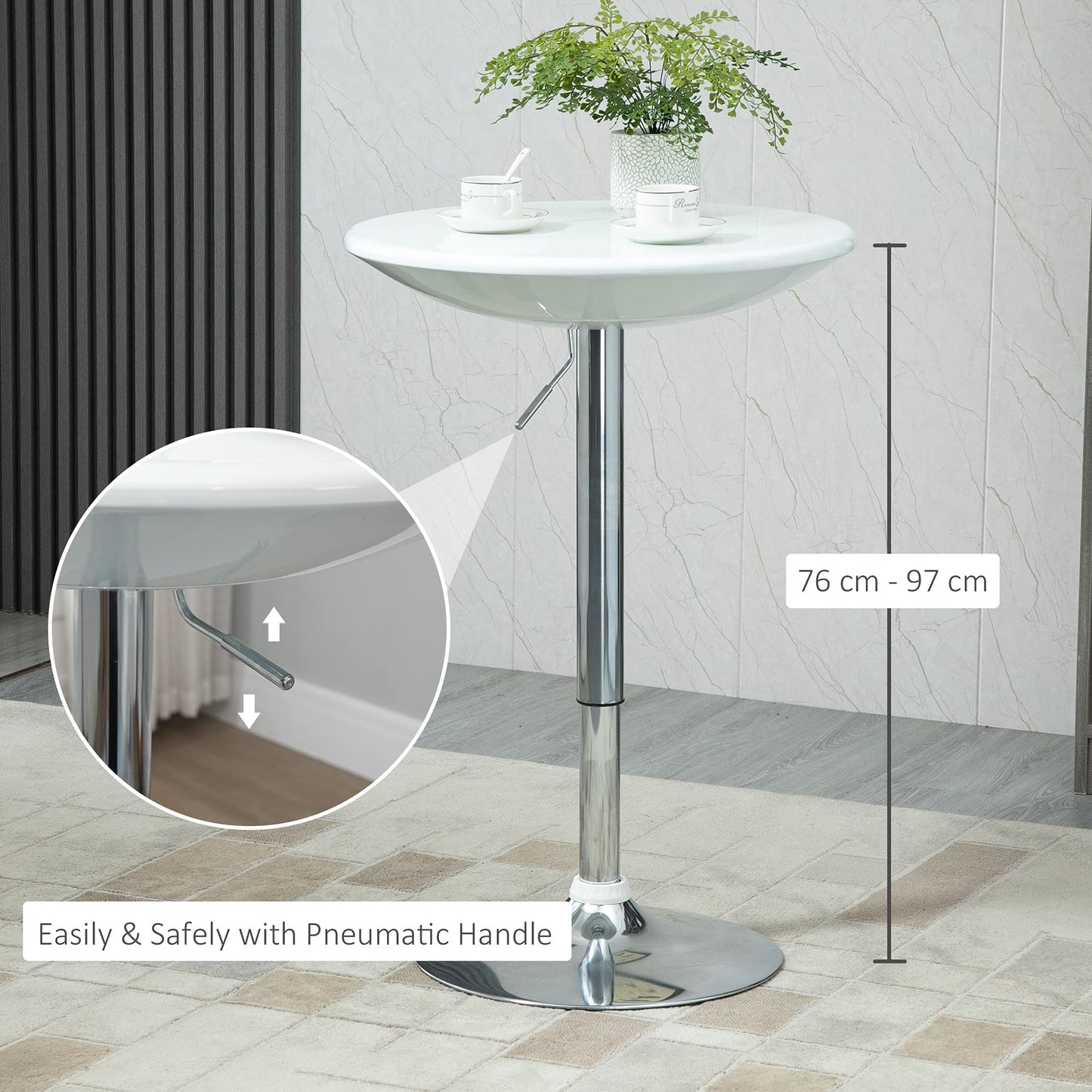 - HOMCOM Modern Round Bar Table | Adjustable Height Home Pub Bistro Desk | Swivel Painted Top with Silver Steel Leg and Base -