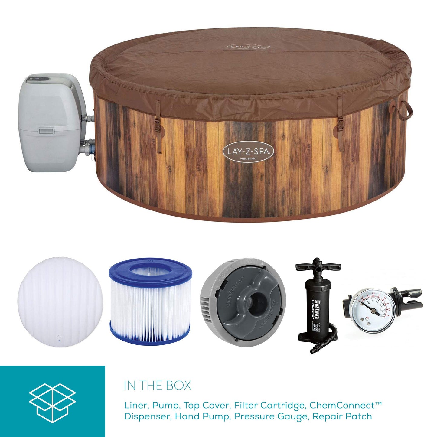 - Lay-Z-Spa 60025 Helsinki Hot Tub | 180 AirJet Wood Effect | Inflatable Spa | Freeze Shield Technology | Rapid Heating | 5-7 Person -