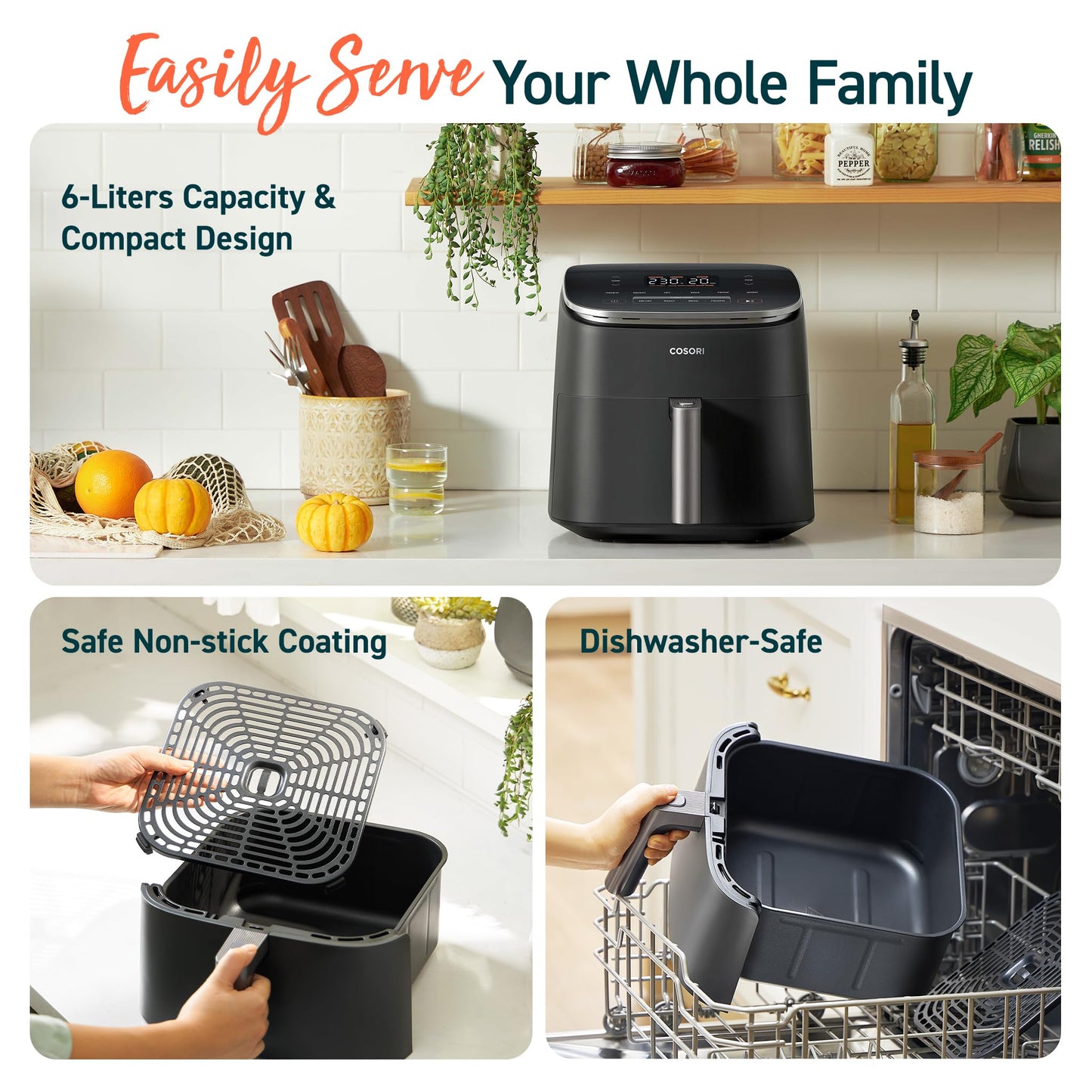 COSORI Air Fryer TurboBlaze, 6L Compact Design, 9 Functions with 5 Auto Fan Speeds Airflow System, Fast and Energy Saving, 30ā to 230ā, Quiet, 110+ Recipes, Oil Free, Non-stick, Dishwasher Safe