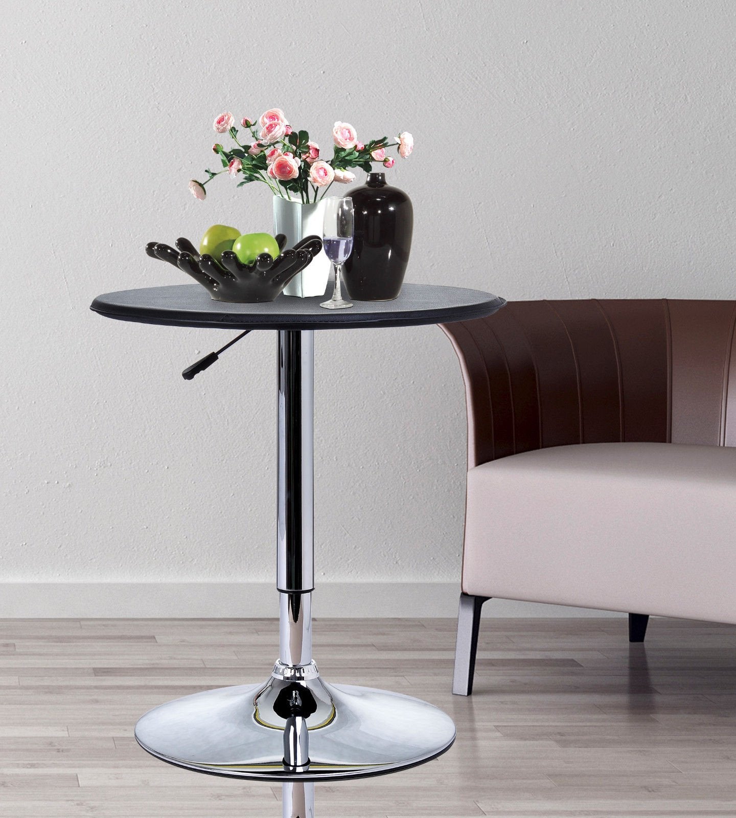 - HOMCOM Adjustable Round Bistro Bar Table | PVC Leather Top | Steel Base -