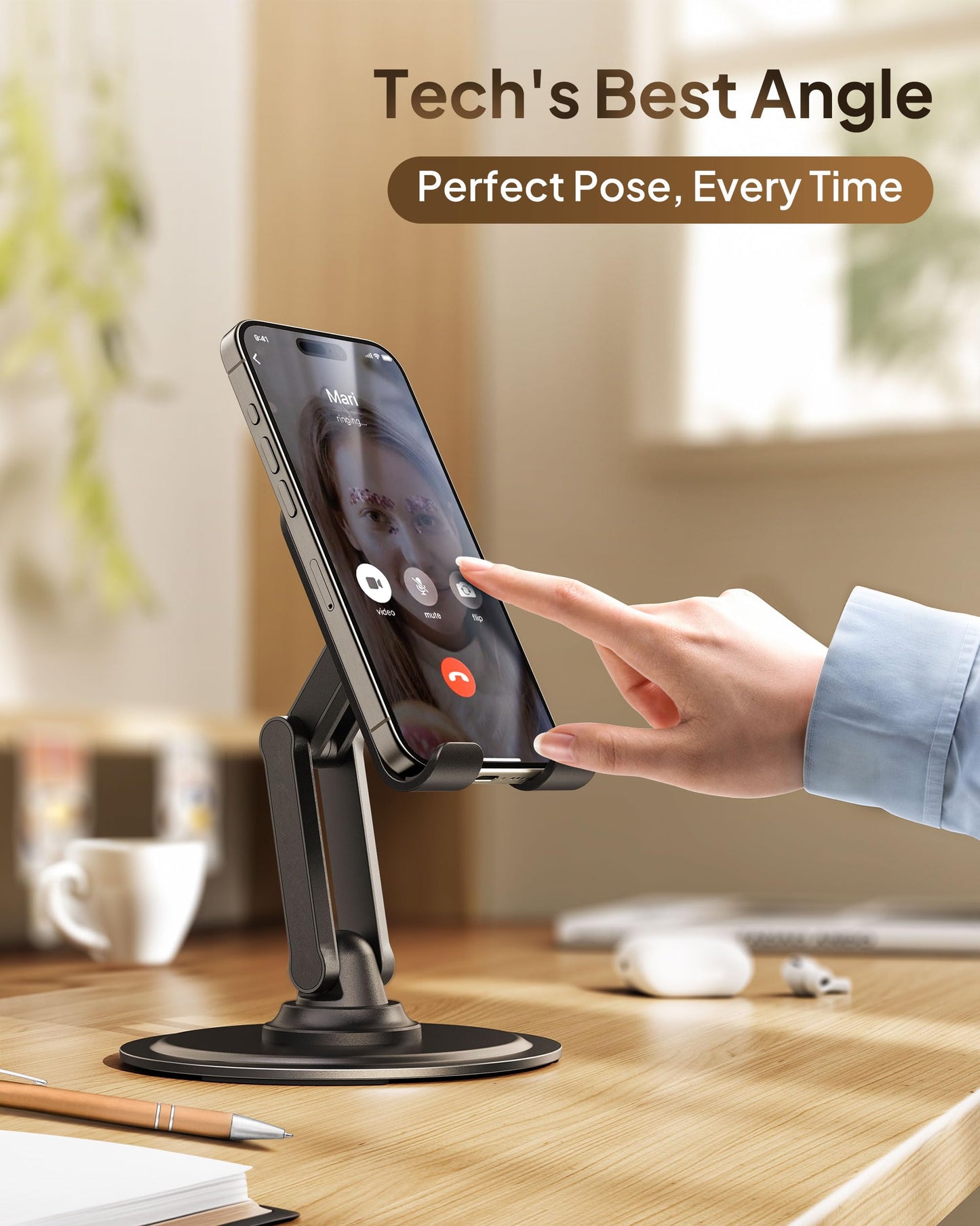 Cooper 360° Stand - Adjustable Mobile Phone Stand for Desk | 360° Click-Rotating Mobile Phone Holder for Desk, Multi-Angle, Non-Slip Metal Base | iPhone Stand Desk, iPhone Holder Filming (Piano Black)
