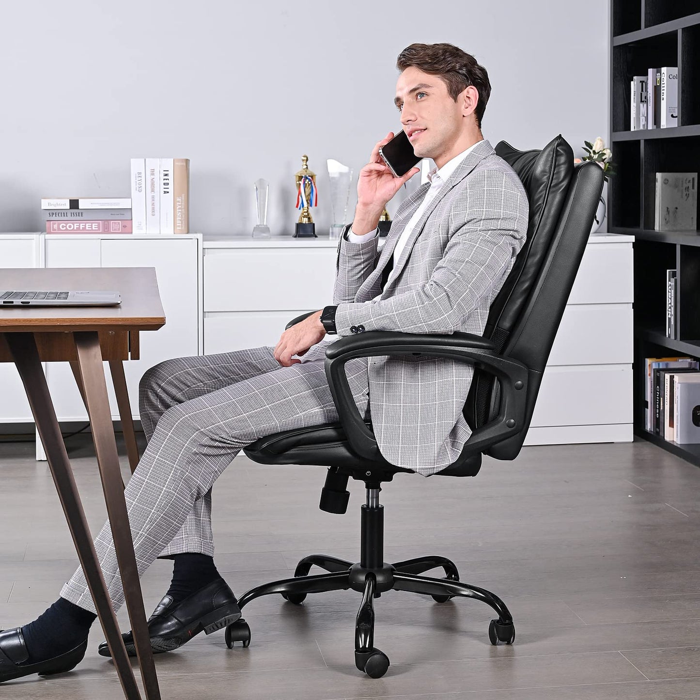 BASETBL Office Chair for Home, Recline Extra Padded Comfy Desk Chair, Ergonomic Executive Computer Chair, Skin-friendly PU Leather Waterproof and Stain-Resistant Work Chair Widen and Enlarge (Black)