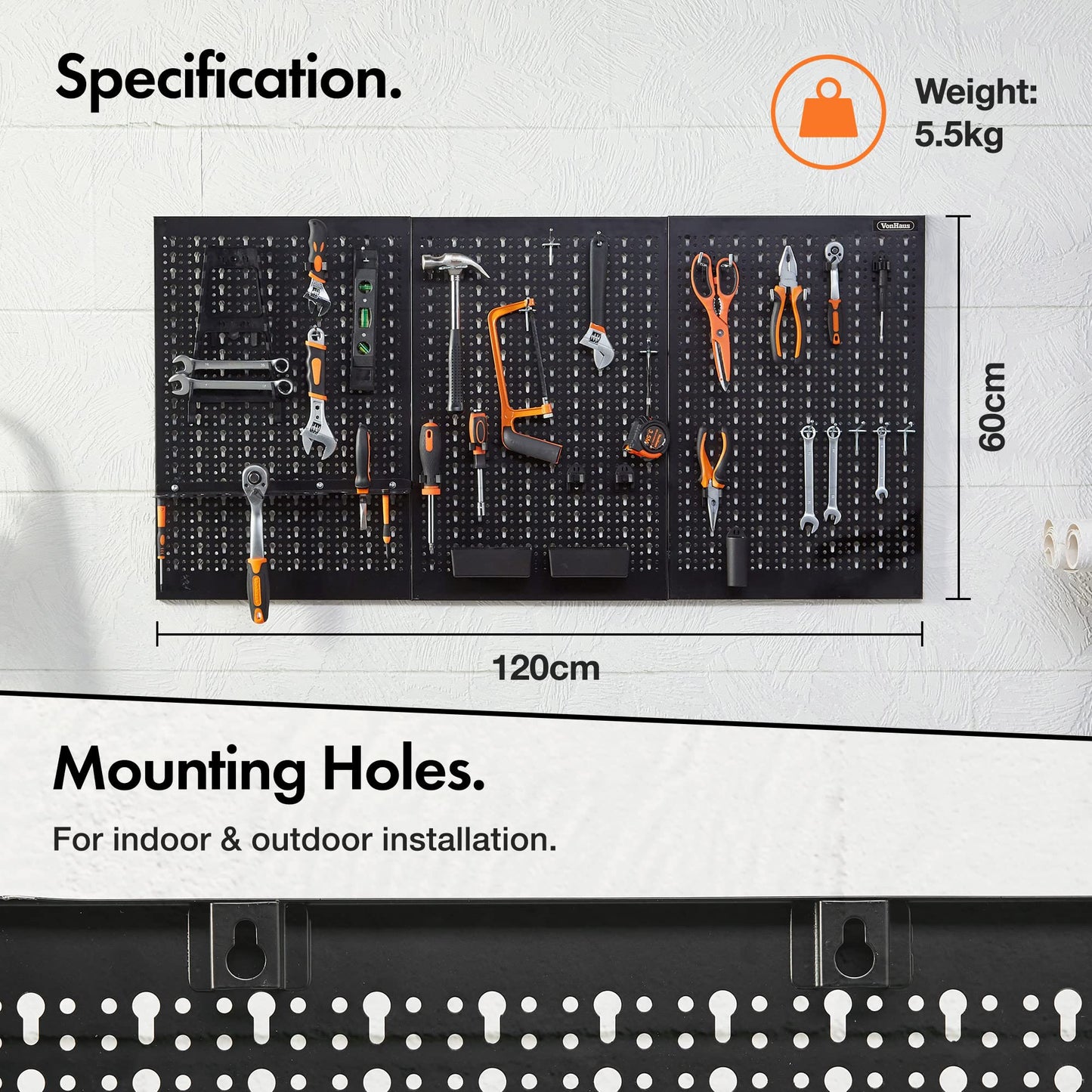 = VonHaus Tool Pegboard - 45pc - Shed and Garage Wall Storage Tool Board