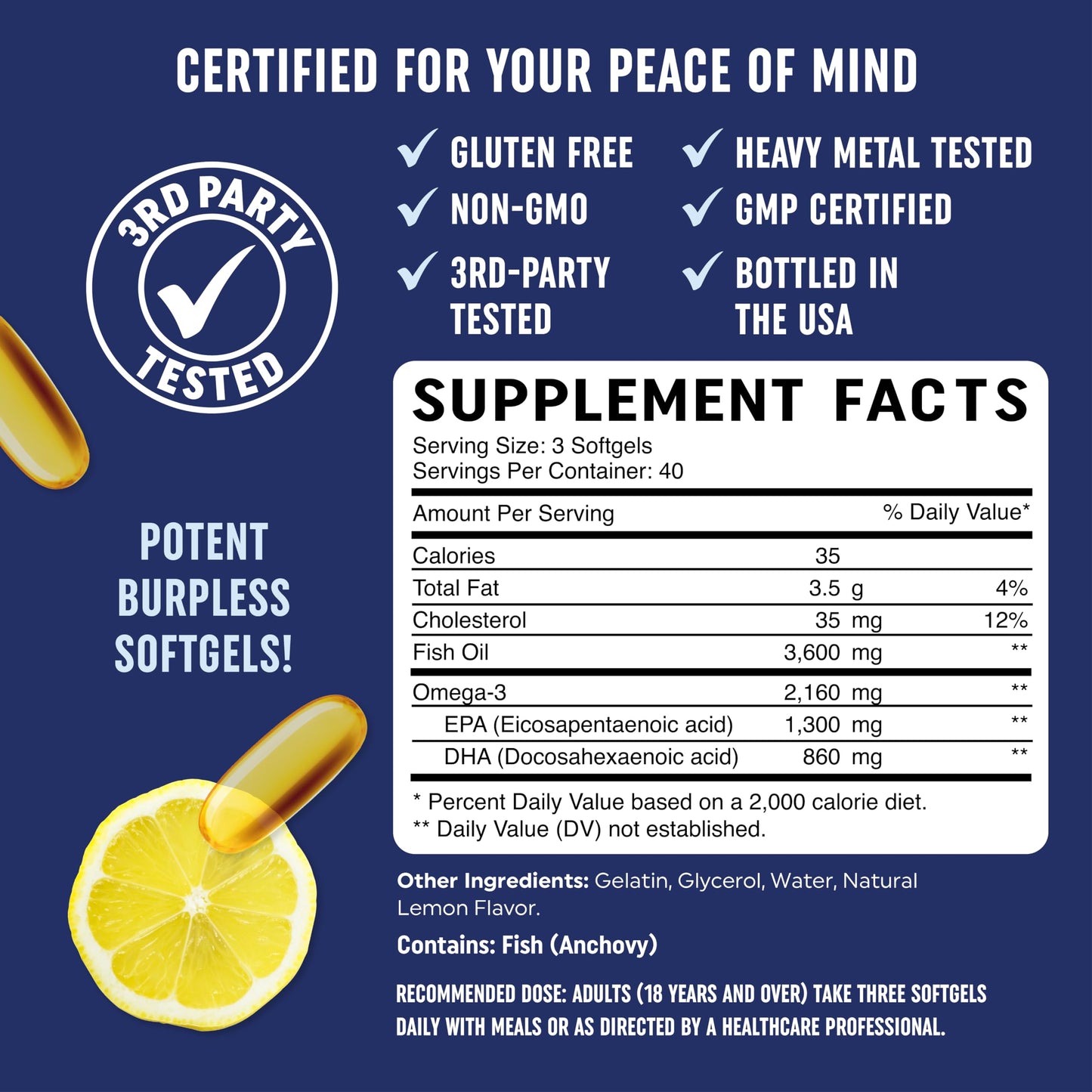 - Omega-3 Fish Oil Supplement 3600 mg | EPA & DHA | Best Source of Omega 3 | Lemon Softgel Capsules -