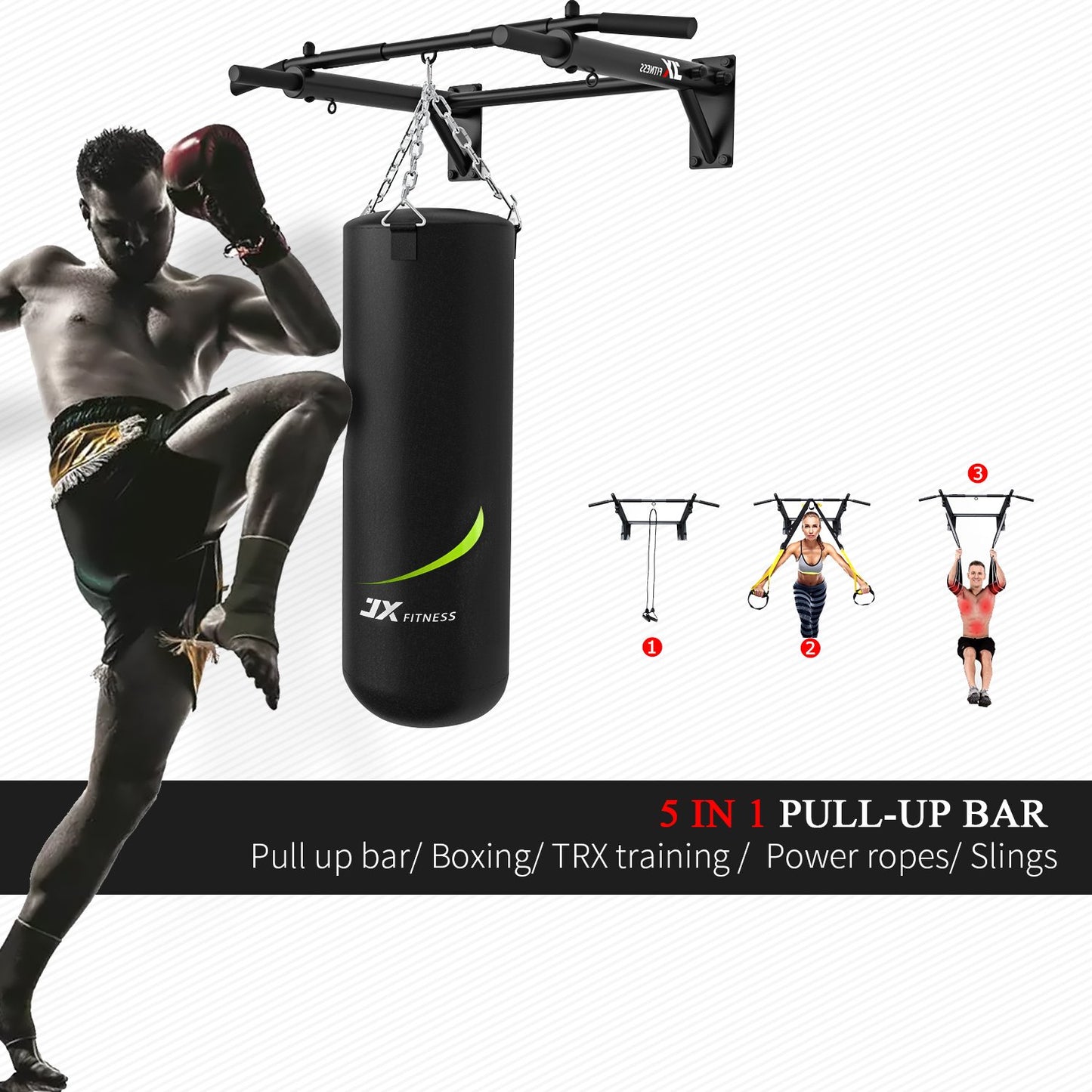 - JX FITNESS Pull Up Bar Wall Mounted Chin Up Bar | Home Gym Punch Bag and TRX Training Hook Exercise Bracket Upper Body -