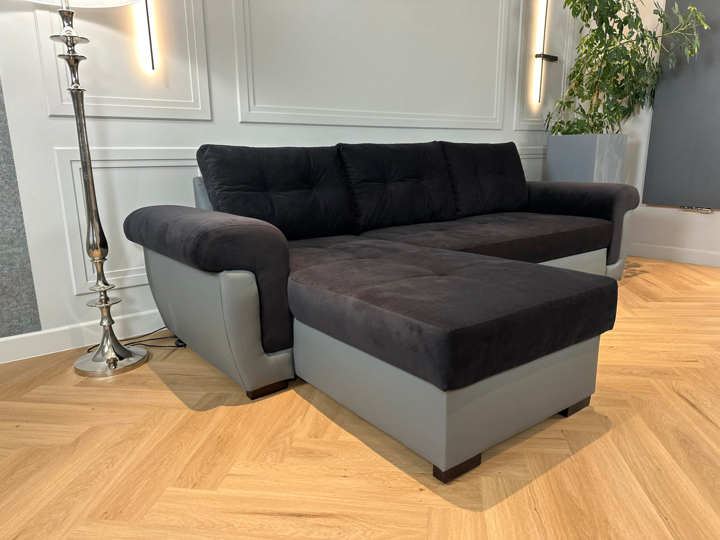 Corner Sofa bed with Storage Black Fabric Grey Leather