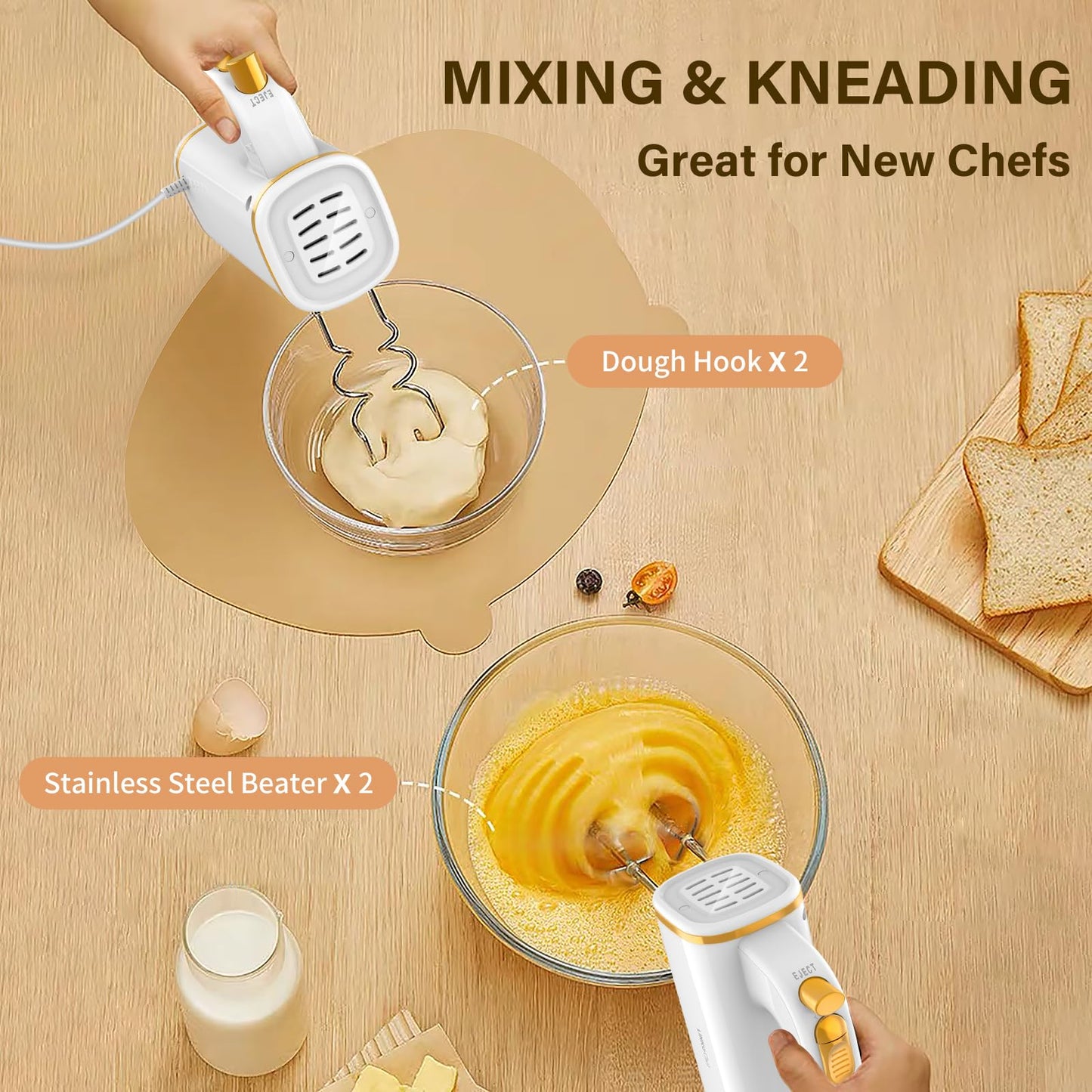 - LINKChef Anti-Splash Hand Mixer Electric Whisk with Storage Base | 5-Speed White Electric Hand Whisk for Baking | 450W -