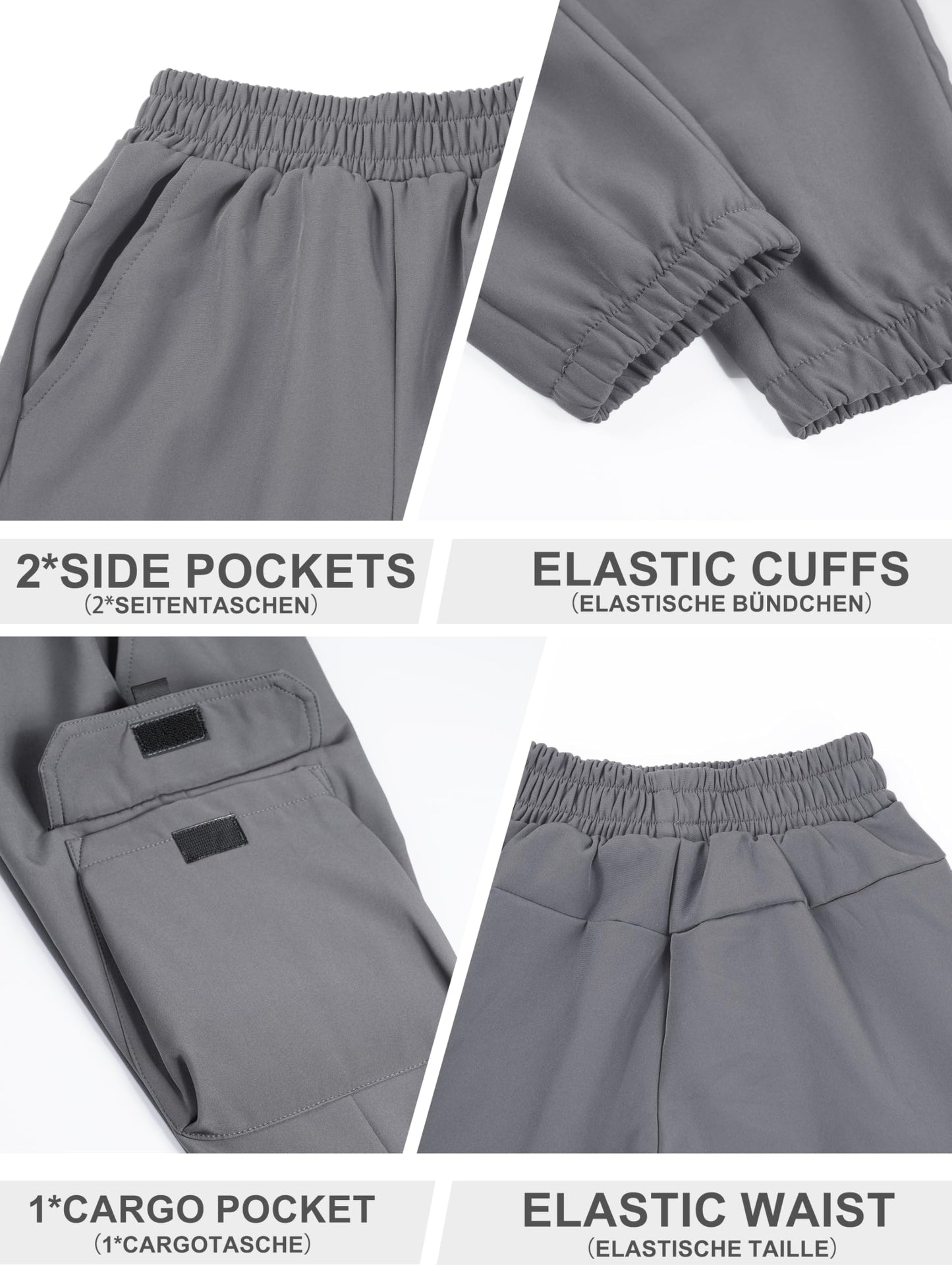 CAMLAKEE Kids Softhell Hiking Trousers Boys Waterproof Outdoor Cargo Pants Walking Jogging Bottoms with Elastic Waist Grey UK:6-7 Years (manufacturers's size: 130)