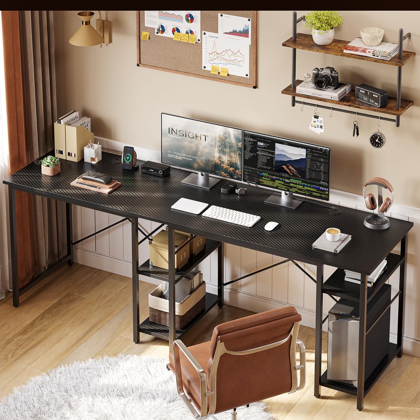 Bestier 192CM Reversible L Shaped Desk with Shelves 120CM Industrial Corner Desk Long Stable Computer Workstation with 2 Cable Holes