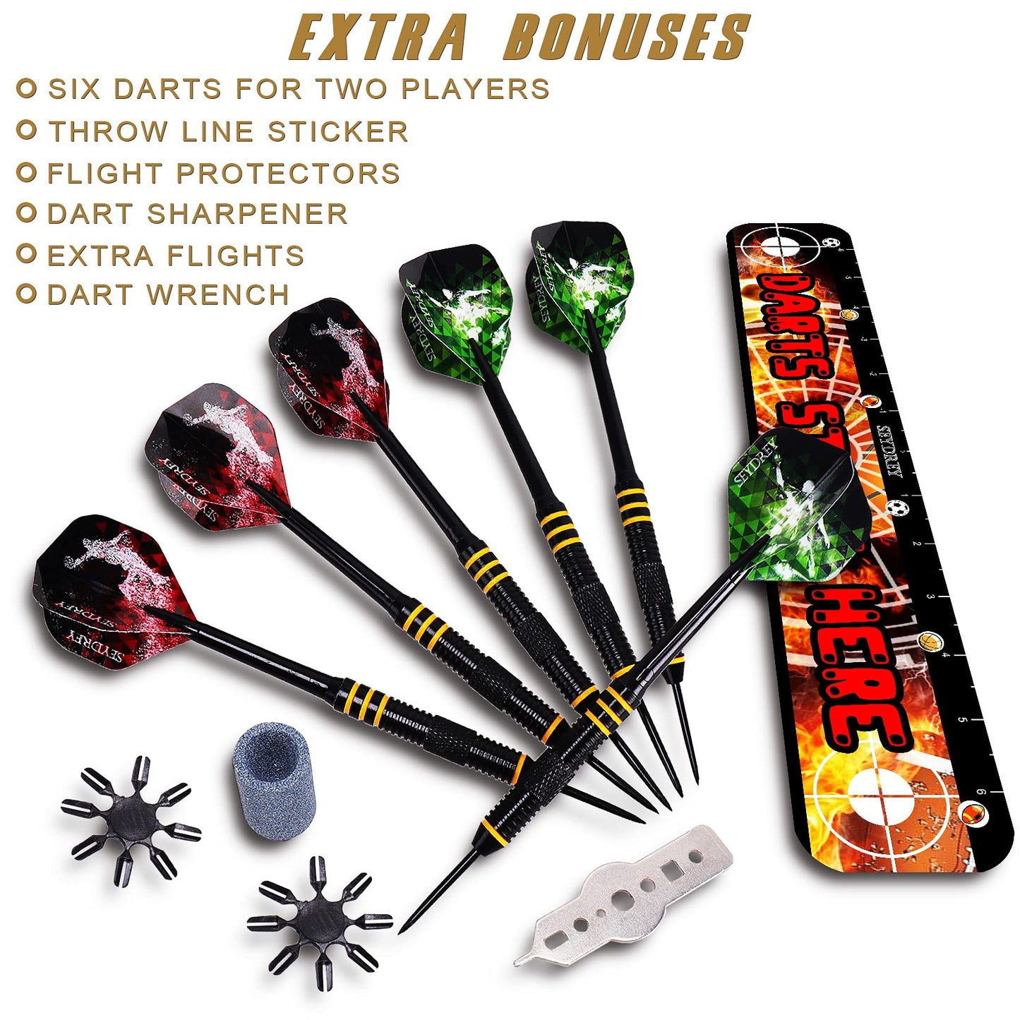 Dart Board Set Steel Dart Board Dartboard Set with 6 pcs 20g Steel Tip Darts 12 Flights Rotating Number Ring + Staple-Free Bullseye Throwing Line Install Instruction