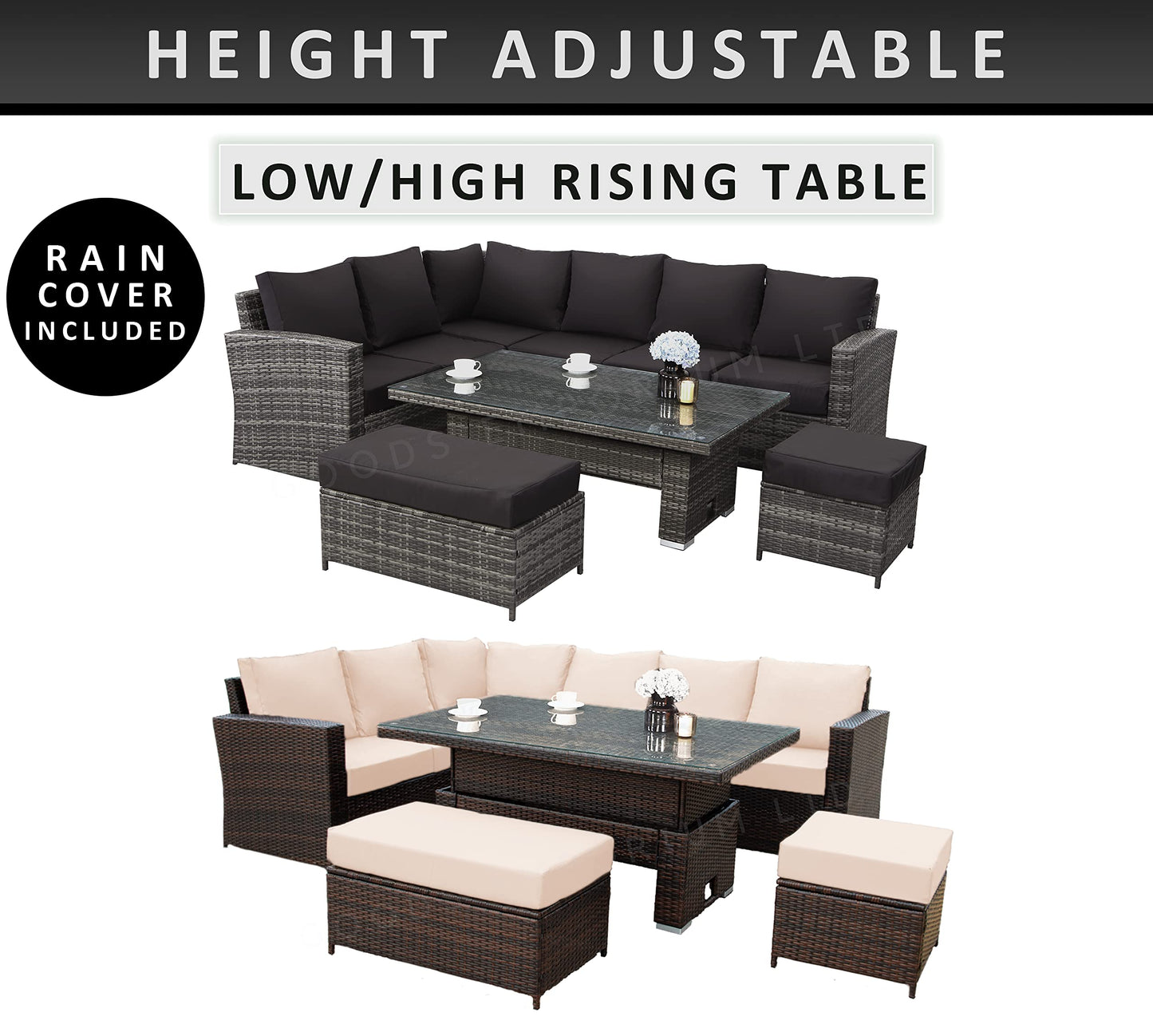 9 Seater Rattan Garden Furniture Set with Height Adjustable Rising Table - Outdoor Furniture Rattan Corner Sofa - Garden Furniture Sets - FREE COVER INCLUDED (Dark Grey Mixed with Dark Grey Cushions)