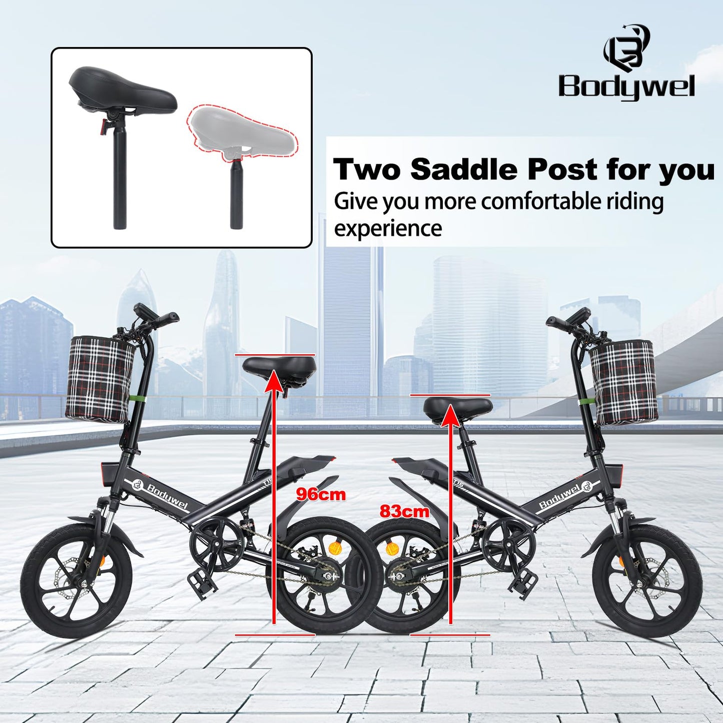 Bodywel T16 Folding Electric Bike, 16" Portable E-bike with 36V/10.4Ah Battery, 250W Motor, Dual Disc Brakes, LED Display, Front Suspension, City Commuter Electric Bicycle for Adults