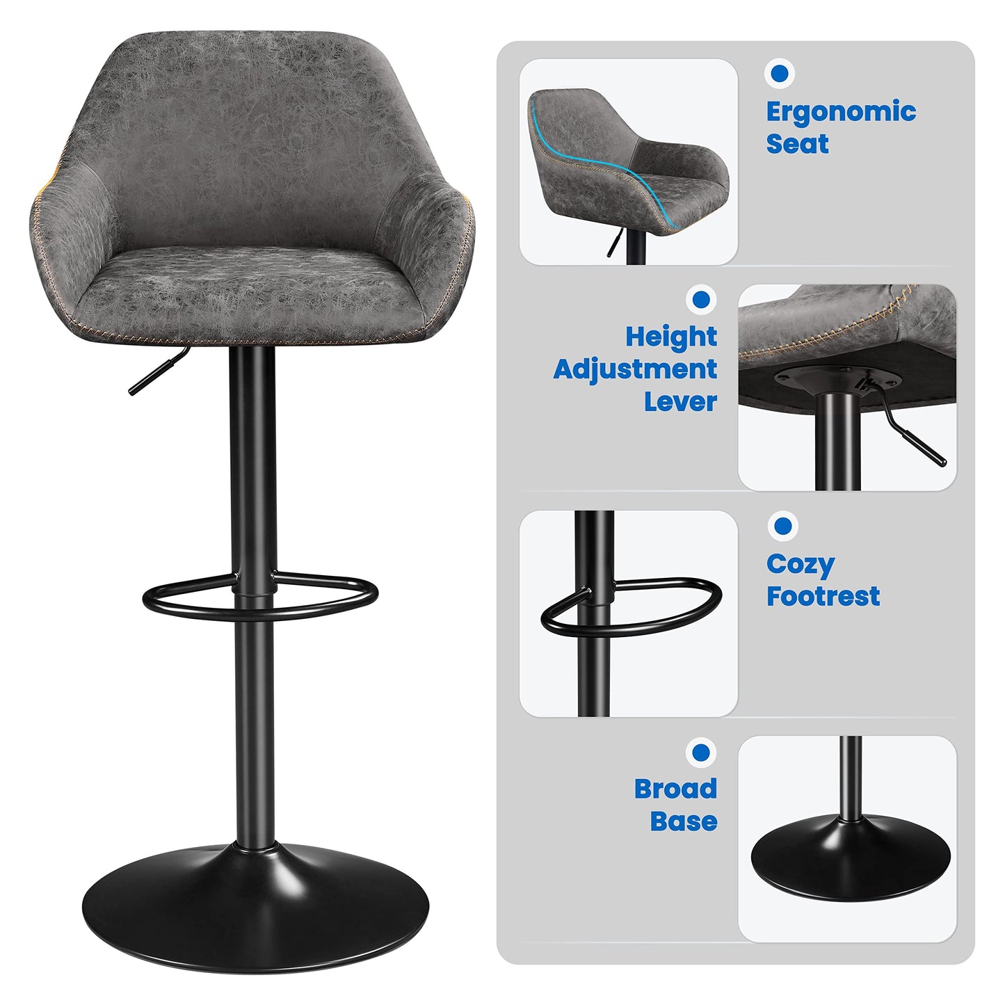 - Yaheetech Set of 2 Bar Stools Height Adjustable Swivel Barstools PU Leather Upholstered Bar Chair
