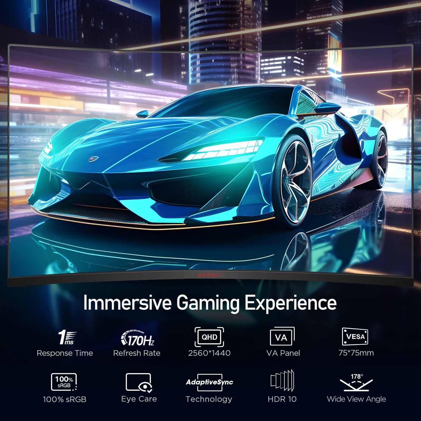 - KOORUI 31.5 Inch Computer Monitor | QHD 1440P Ultrawide Gaming Monitor | 170Hz VA 1500R Monitors | Ultra-Thin | HDMI X2 /DP | VESA Compatible -