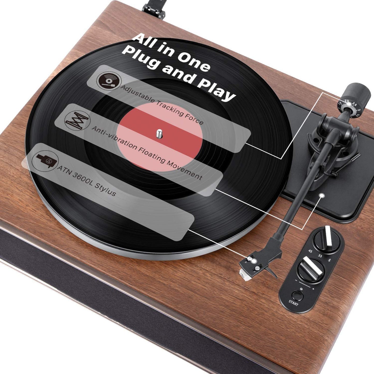 - 1 BY ONE High Fidelity Belt Drive Bluetooth Turntable with Built-in Speakers, Vinyl Record Player