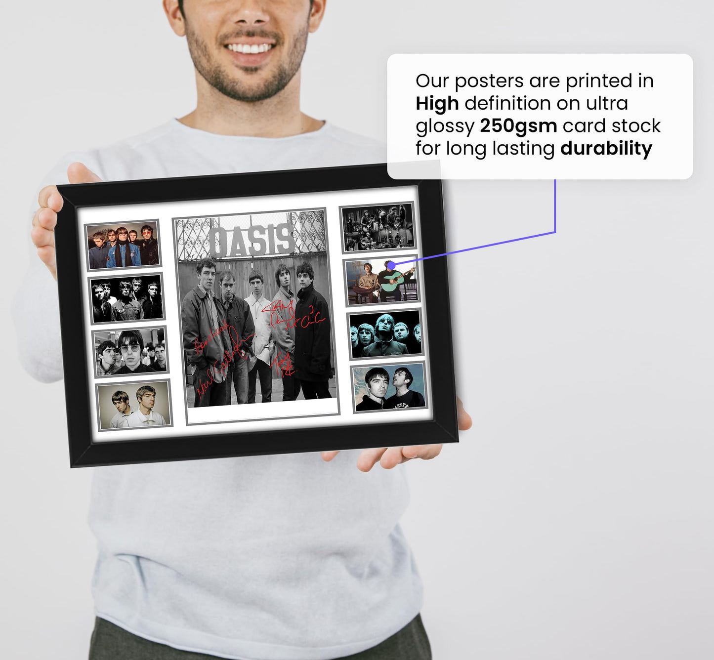 AllStarMedia Oasis Autographed Collage Poster Print - Limited Edition Gift for Band Lovers - Wall Decor for Music Fans, Merchandise, (Framed, A4 (12x8-30x20cm))