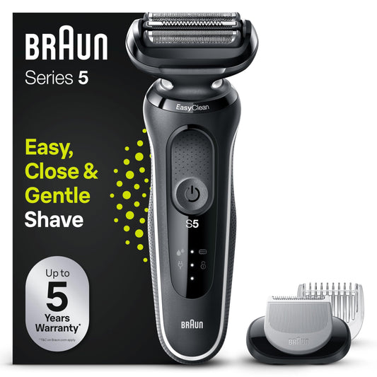 Braun Series 5 51-W1600s Electric Shaver for Men, Electric Razor for Men With EasyClick Body Groomer Attachment, EasyClean, Wet & Dry, Rechargeable, Cordless Foil Razor, White Rated Which? Best Buy