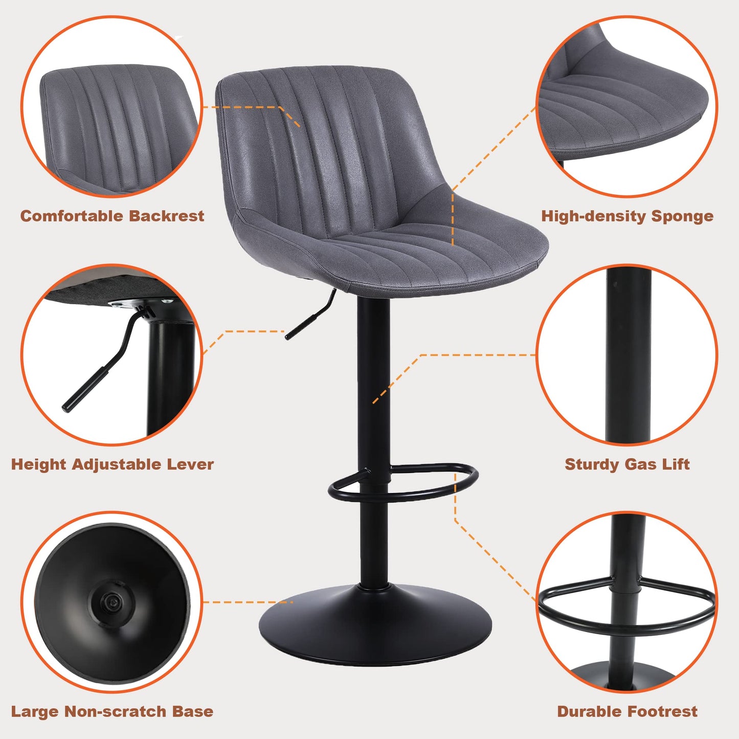 - Youhauchair Bar Stools Set of 2, Swivel Counter Height Barstools with Back, Adjustable PU Leather Bar Stool, Modern Kitchen Breakfast Bar Stools, Dark Grey