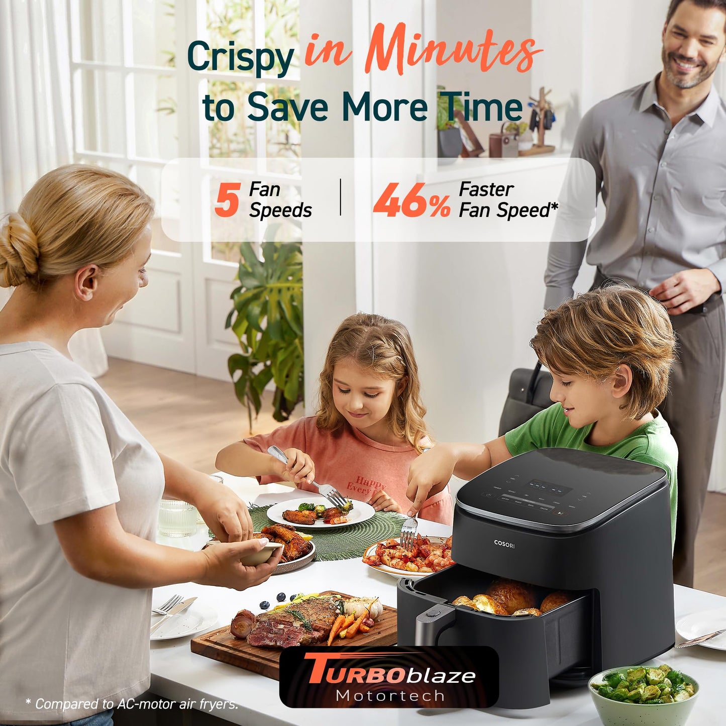 COSORI Air Fryer TurboBlaze, 6L Compact Design, 9 Functions with 5 Auto Fan Speeds Airflow System, Fast and Energy Saving, 30ā to 230ā, Quiet, 110+ Recipes, Oil Free, Non-stick, Dishwasher Safe
