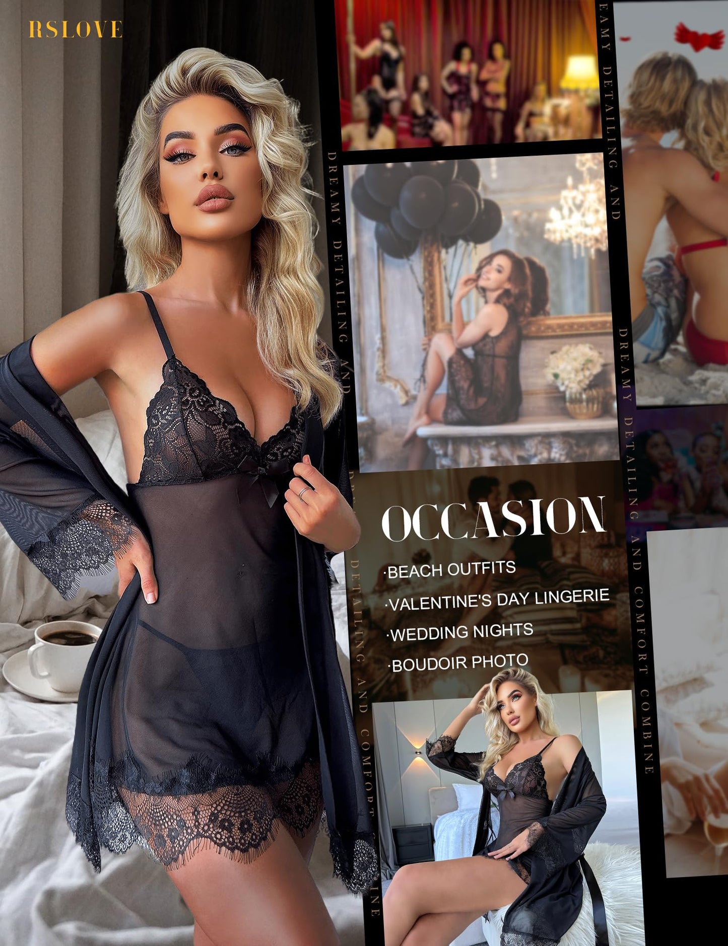 - RSLOVE Sexy Lingerie for Women | Lace Babydoll with Robe Nightdress | Sleepwear | Black -