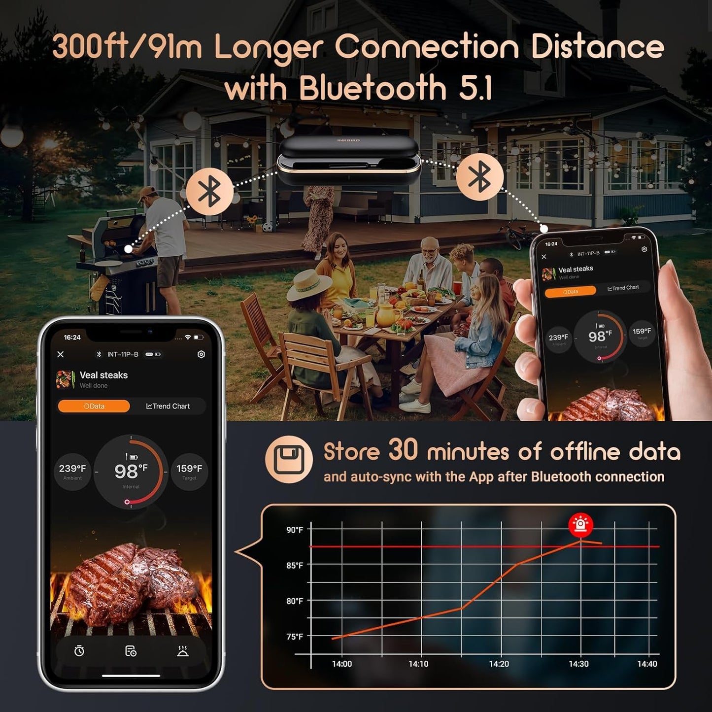 - INKBIRD INT-11P-B Wireless Meat Thermometer 91m/300ft Range | Bluetooth Meat Thermometer Probe for Air Fryers Cooking -